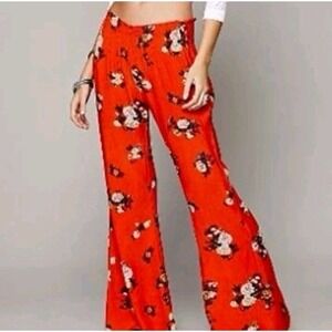 Free People FP One S Floral Hippie Pant in Red Orange White Combo Boho Fringe